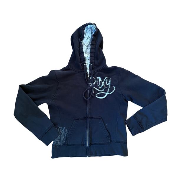 Vintage Roxy Hoodie Black Raw Edge Zip Up Sweatshirt Large Logo Y2K Skate Surf - Picture 1 of 12